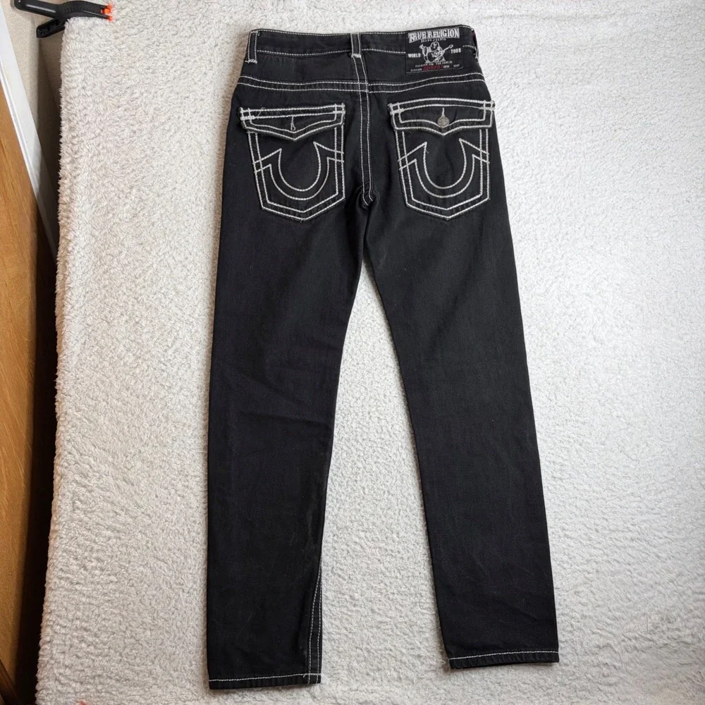 True Religion Joey Super T Black Jeans White Contrast Stitch Straight Leg 32